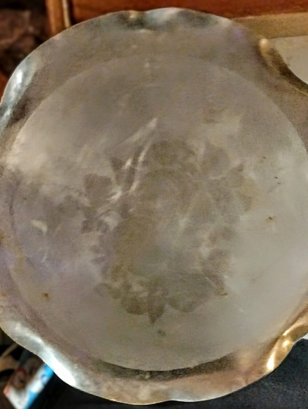 Vintage Metal Round Serving Tray Scalloped Edge Etched Floral Center Platter